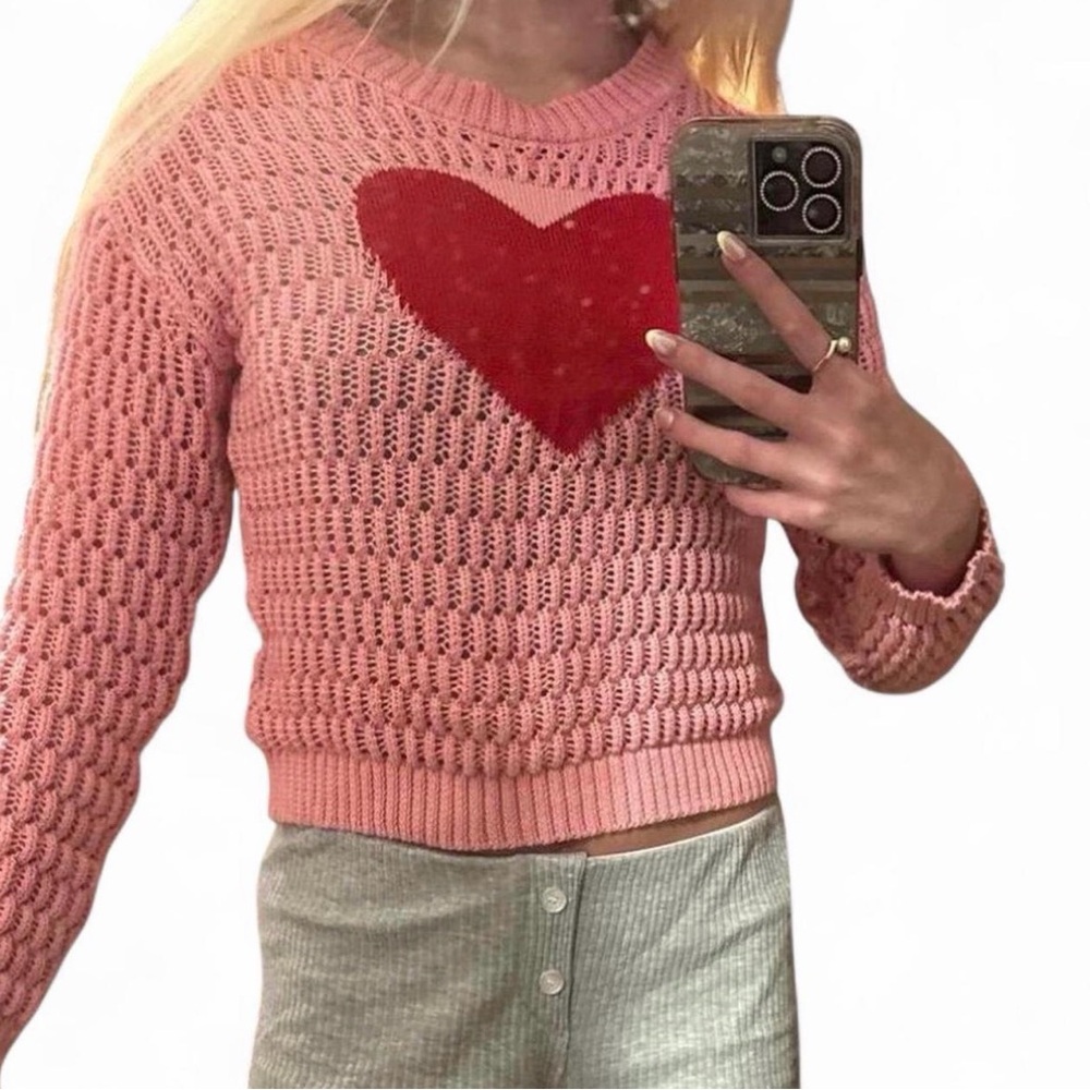 Brandy Melville Pink Knit Sweater with Red Heart